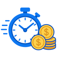 Ilustración mostrando un reloj y dinero para simbolizar el ahorro de tiempo y costes