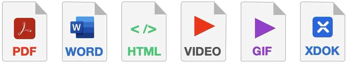Ilustración mostrando varios iconos de formatos de archivo (PDF, DOC, HTML)
